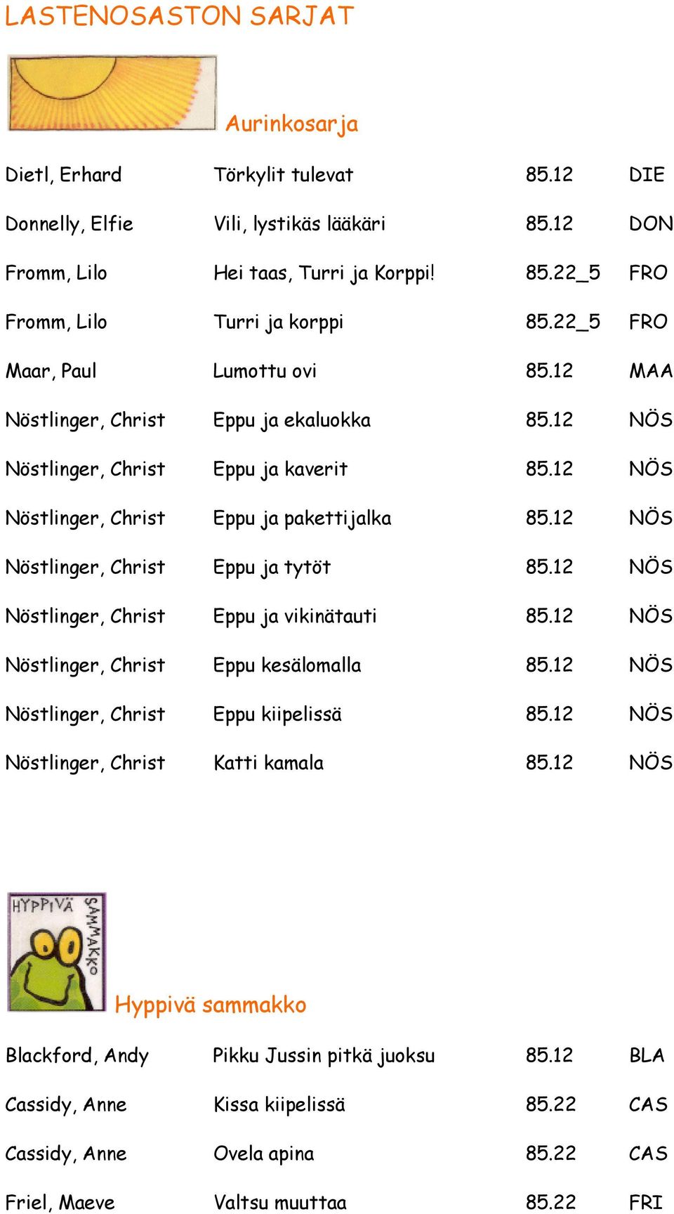 12 NÖS Nöstlinger, Christ Eppu ja tytöt 85.12 NÖS Nöstlinger, Christ Eppu ja vikinätauti 85.12 NÖS Nöstlinger, Christ Eppu kesälomalla 85.12 NÖS Nöstlinger, Christ Eppu kiipelissä 85.