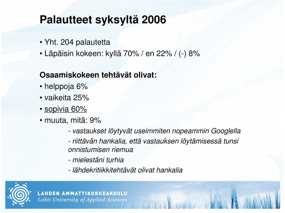 helppoja 6% vaikeita 25% sopivia 60% muuta, mitä: 9% - vastaukset löytyvät useimmiten