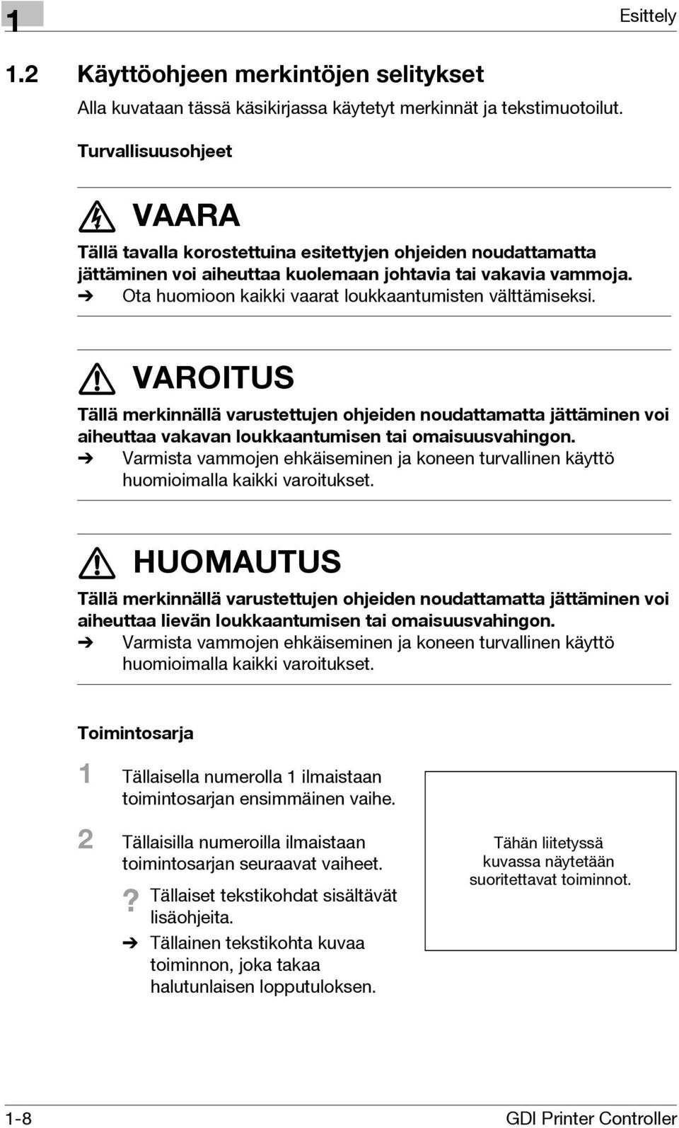 % Ota huomioon kaikki vaarat loukkaantumisten välttämiseksi. 7 VAROITUS Tällä merkinnällä varustettujen ohjeiden noudattamatta jättäminen voi aiheuttaa vakavan loukkaantumisen tai omaisuusvahingon.