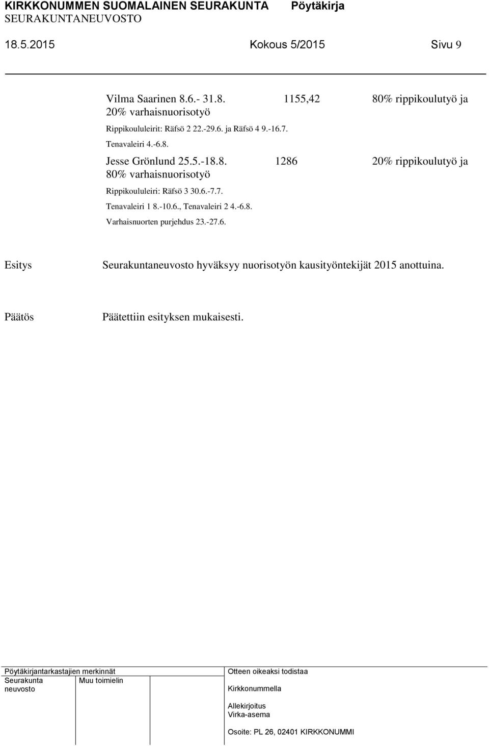 6.-7.7. Tenavaleiri 1 8.-10.6., Tenavaleiri 2 4.-6.8. Varhaisnuorten purjehdus 23.-27.6. Seurakunta hyväksyy nuorisotyön kausityöntekijät 2015 anottuina.