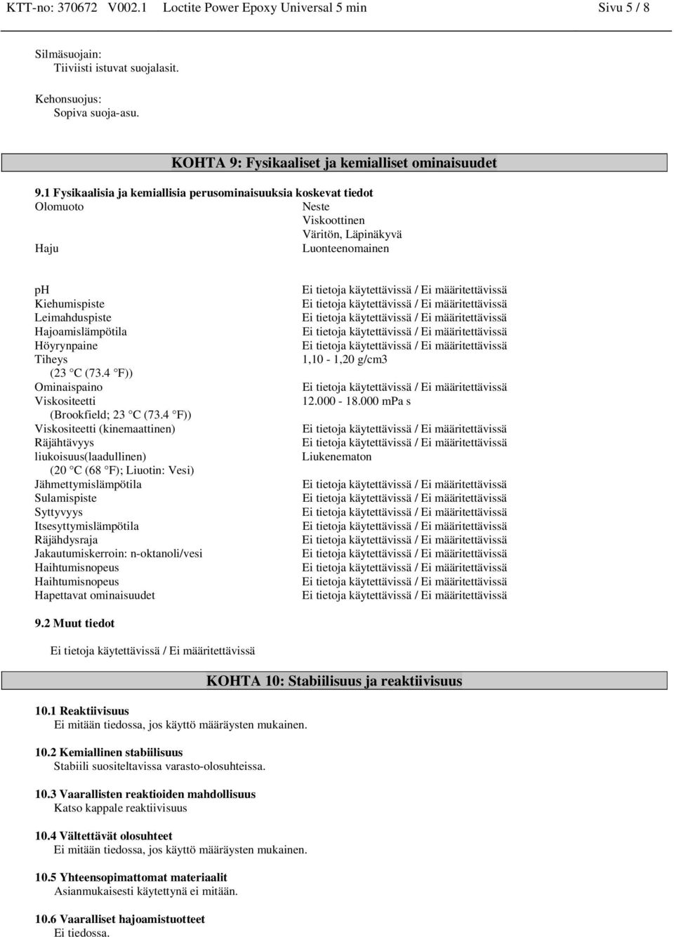 Tiheys (23 C (73.4 F)) Ominaispaino Viskositeetti (Brookfield; 23 C (73.