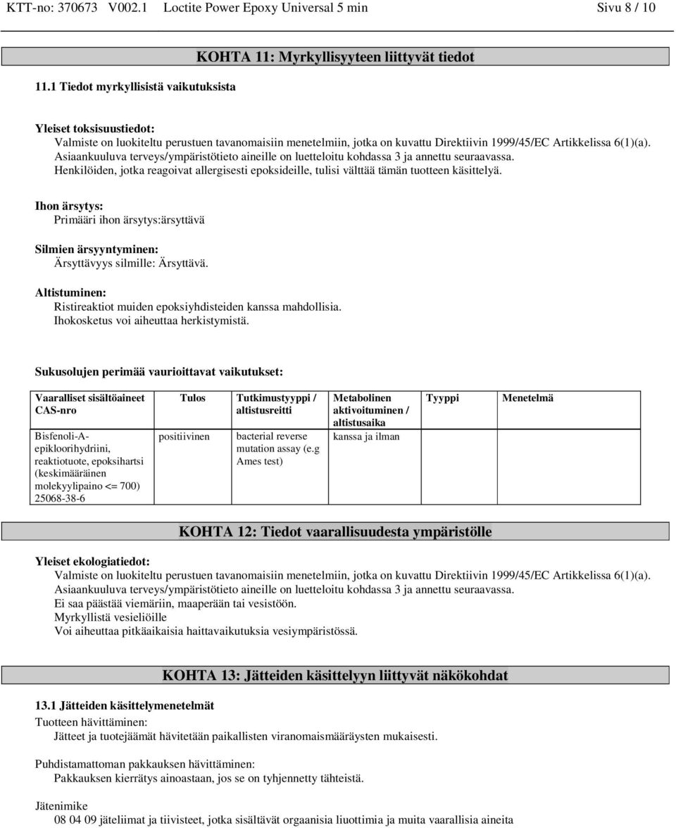 1999/45/EC Artikkelissa 6(1)(a). Asiaankuuluva terveys/ympäristötieto aineille on luetteloitu kohdassa 3 ja annettu seuraavassa.