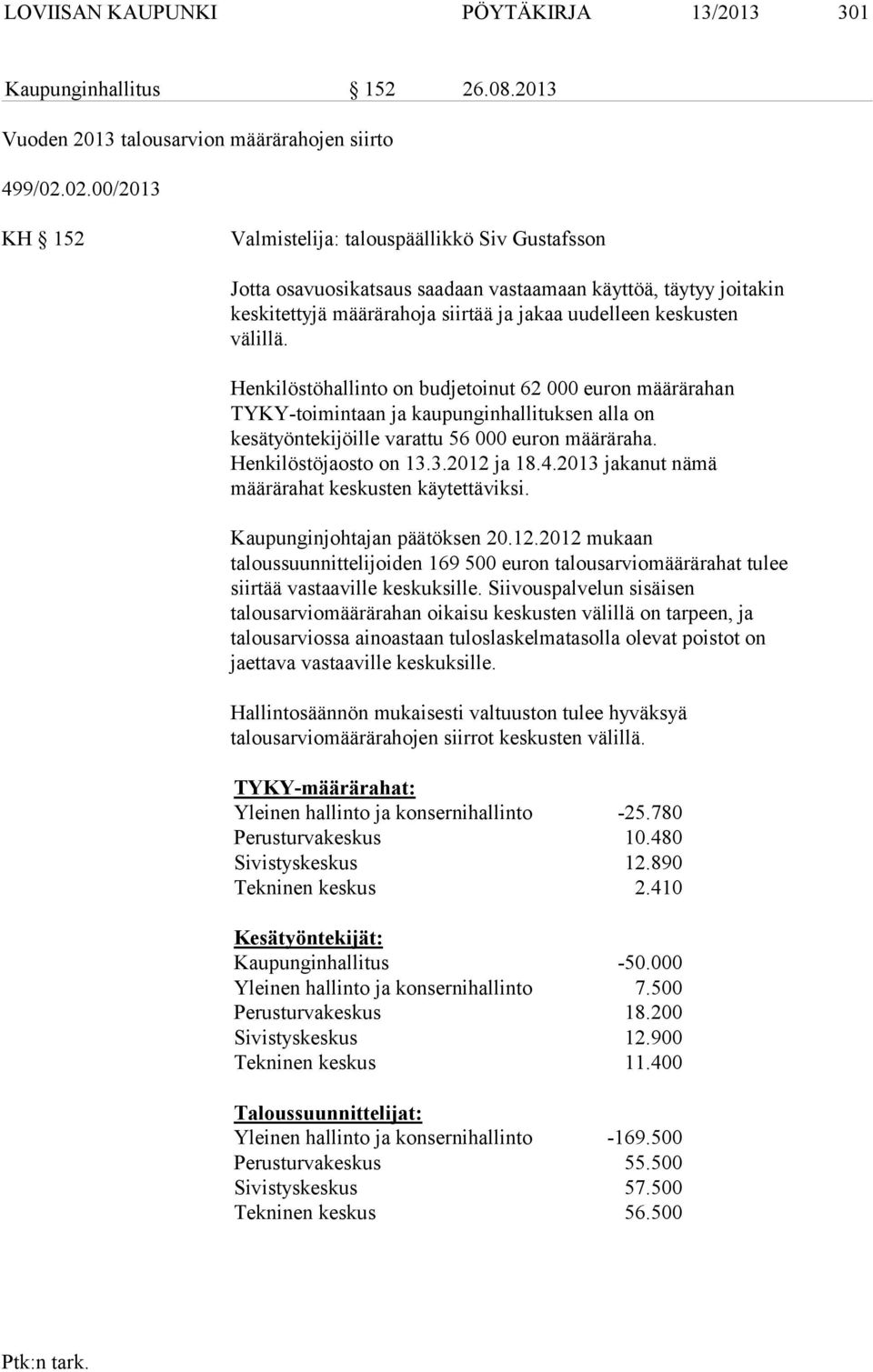 Henkilöstöhallinto on budjetoinut 62 000 euron määrärahan TYKY-toimintaan ja kaupunginhallituksen alla on kesätyöntekijöille varattu 56 000 euron määräraha. Henkilöstöjaosto on 13.3.2012 ja 18.4.