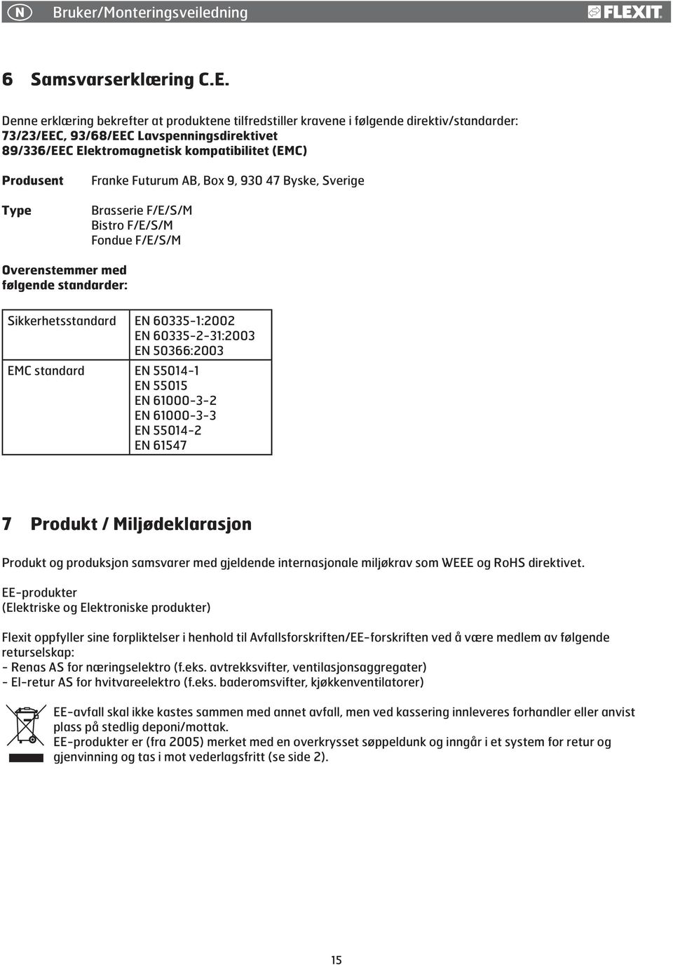 Type Franke Futurum AB, Box 9, 930 47 Byske, Sverige Brasserie F/E/S/M Bistro F/E/S/M Fondue F/E/S/M Overenstemmer med følgende standarder: Sikkerhetsstandard EN 60335-1:2002 EN 60335-2-31:2003 EN