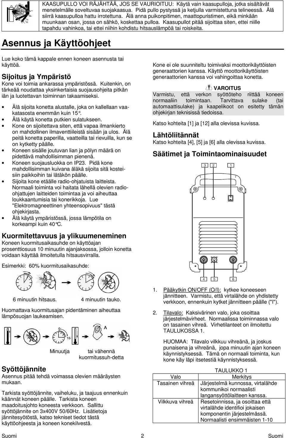 Kaasupullot pitää sijoittaa siten, ettei niille tapahdu vahinkoa, tai ettei niihin kohdistu hitsauslämpöä tai roiskeita.