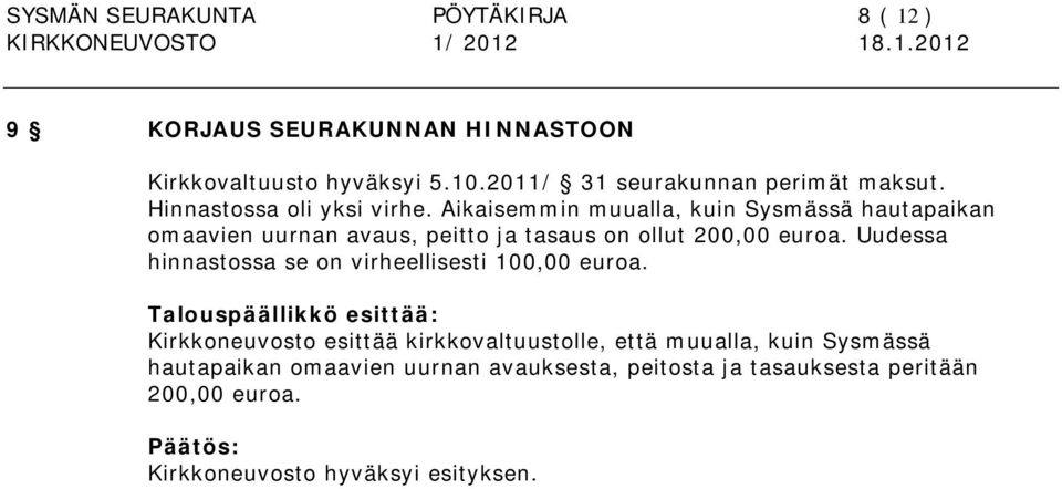 Aikaisemmin muualla, kuin Sysmässä hautapaikan omaavien uurnan avaus, peitto ja tasaus on ollut 200,00 euroa.