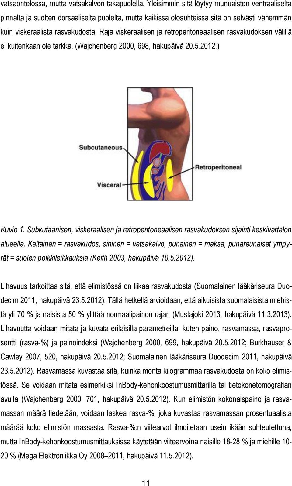 Raja viskeraalisen ja retroperitoneaalisen rasvakudoksen välillä ei kuitenkaan ole tarkka. (Wajchenberg 2000, 698, hakupäivä 20.5.2012.) Kuvio 1.