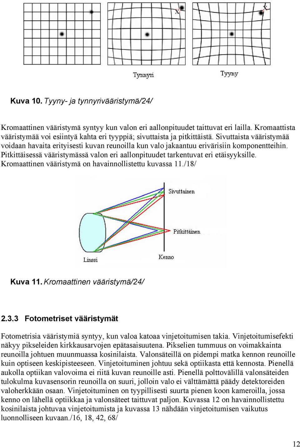 Sivuttaista vääristymää voidaan havaita erityisesti kuvan reunoilla kun valo jakaantuu erivärisiin komponentteihin. Pitkittäisessä vääristymässä valon eri aallonpituudet tarkentuvat eri etäisyyksille.