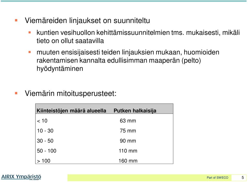 huomioiden rakentamisen kannalta edullisimman maaperän (pelto) hyödyntäminen Viemärin