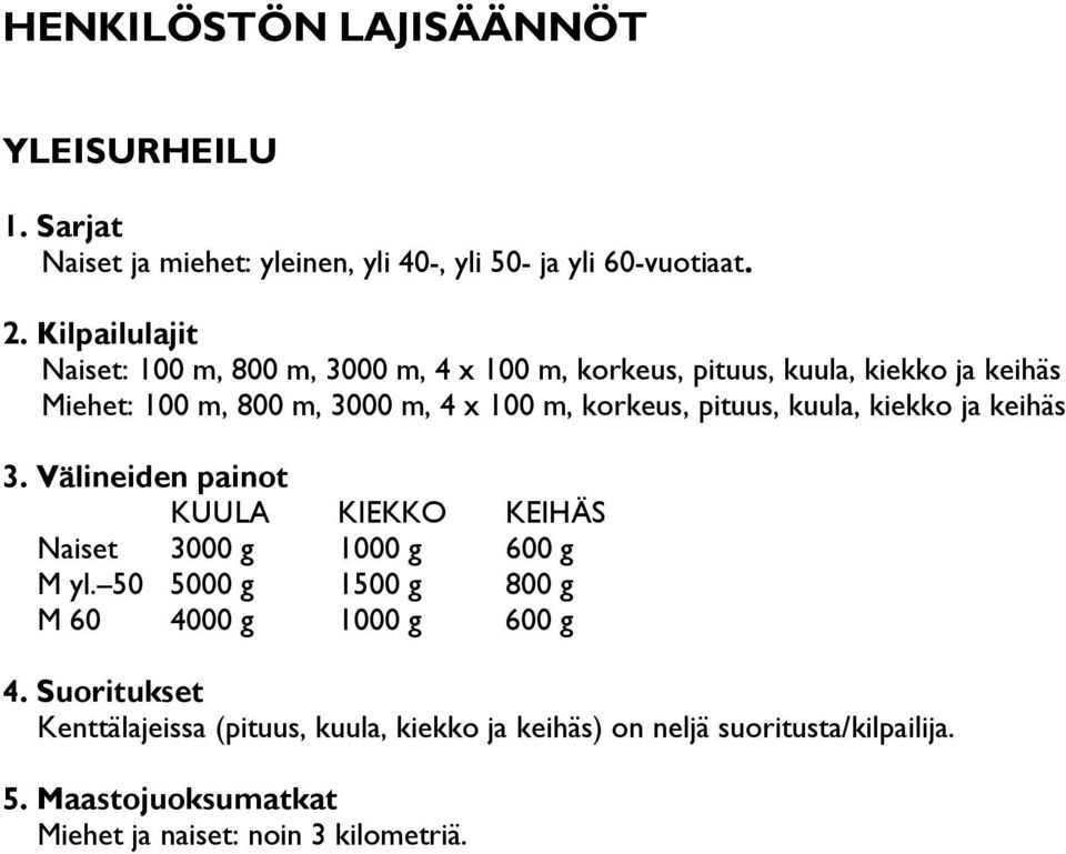 korkeus, pituus, kuula, kiekko ja keihäs 3. Välineiden painot KUULA KIEKKO KEIHÄS Naiset 3000 g 1000 g 600 g M yl.