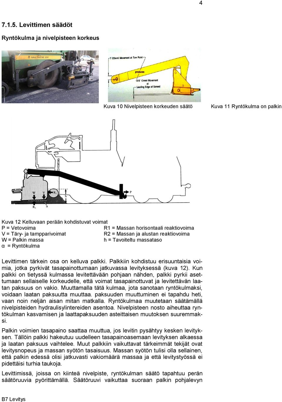 horisontaali reaktiovoima V = Täry- ja tampparivoimat R2 = Massan ja alustan reaktiovoima W = Palkin massa h = Tavoiteltu massataso α = Ryntökulma Levittimen tärkein osa on kelluva palkki.