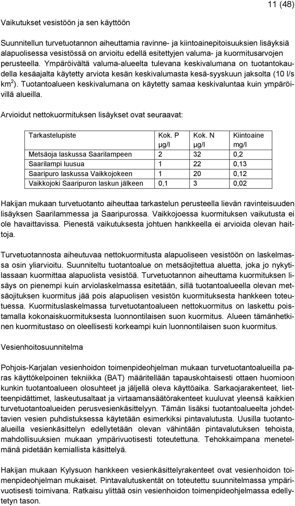 Tuotantoalueen keskivalumana on käytetty samaa keskivaluntaa kuin ympäröivillä alueilla. Arvioidut nettokuormituksen lisäykset ovat seuraavat: Tarkastelupiste Kok. P µg/l Kok.