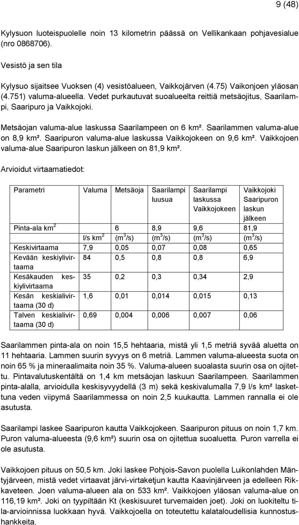 Saarilammen valuma-alue on 8,9 km². Saaripuron valuma-alue laskussa Vaikkojokeen on 9,6 km². Vaikkojoen valuma-alue Saaripuron laskun jälkeen on 81,9 km².