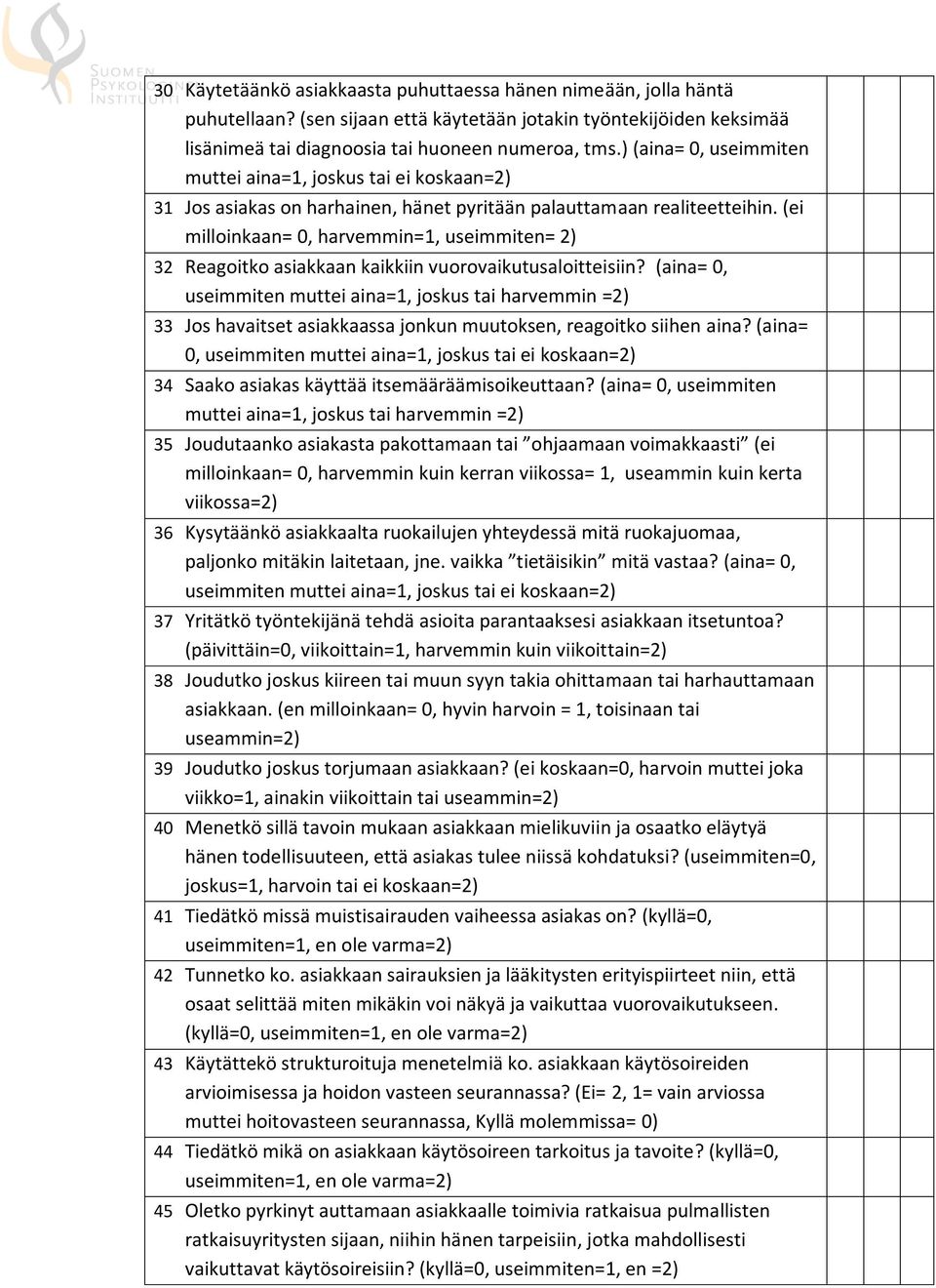 (ei milloinkaan= 0, harvemmin=1, useimmiten= 2) 32 Reagoitko asiakkaan kaikkiin vuorovaikutusaloitteisiin?