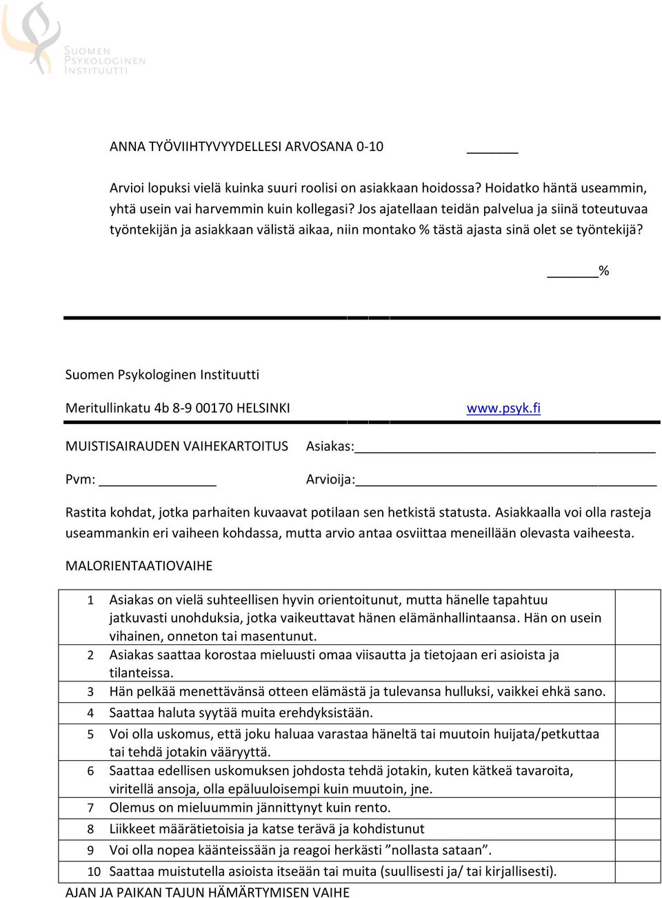 % Suomen Psykologinen Instituutti Meritullinkatu 4b 8-9 00170 HELSINKI MUISTISAIRAUDEN VAIHEKARTOITUS Pvm: www.psyk.