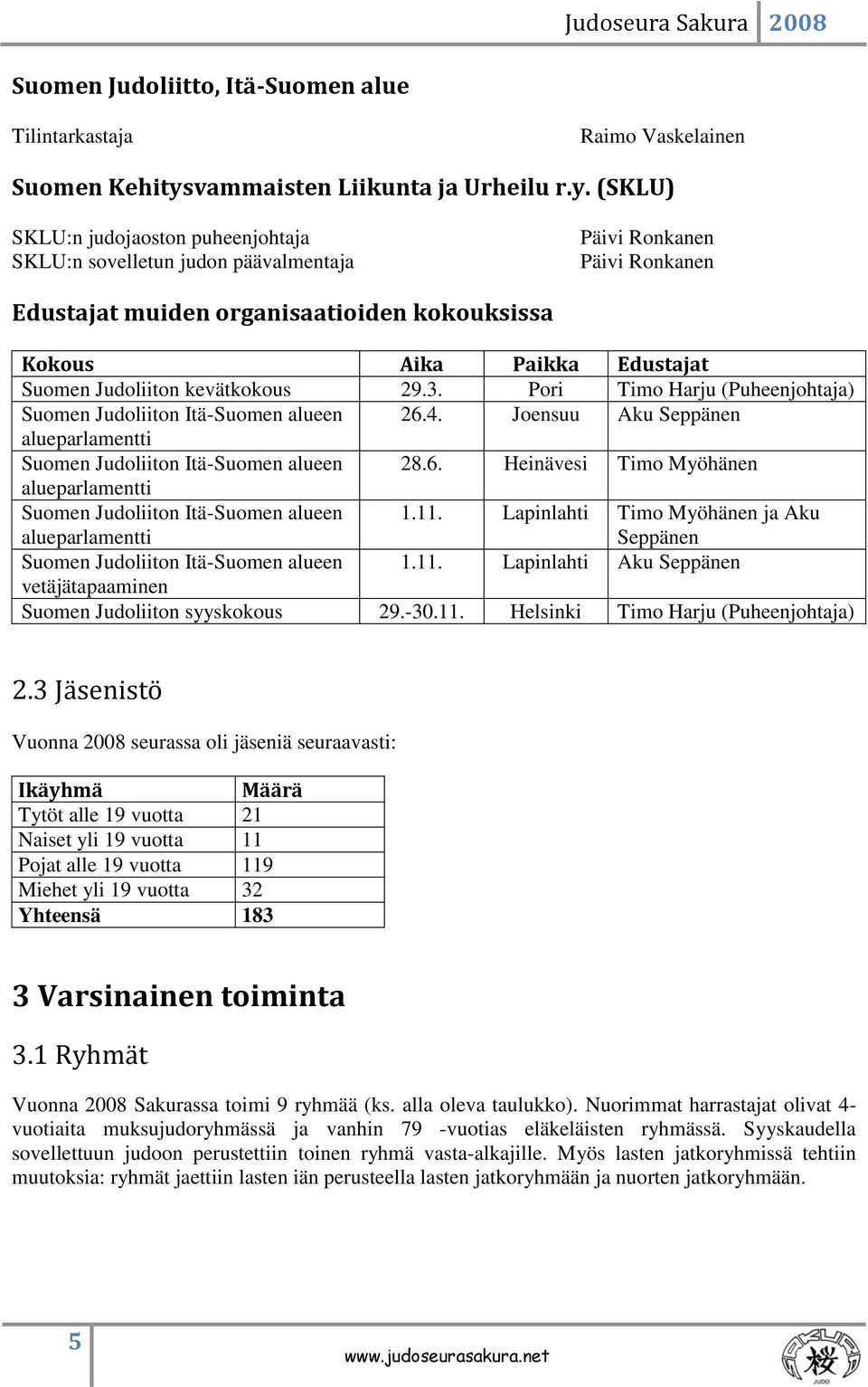 (SKLU) SKLU:n judojaoston puheenjohtaja SKLU:n sovelletun judon päävalmentaja Päivi Ronkanen Päivi Ronkanen Edustajat muiden organisaatioiden kokouksissa Kokous Aika Paikka Edustajat Suomen