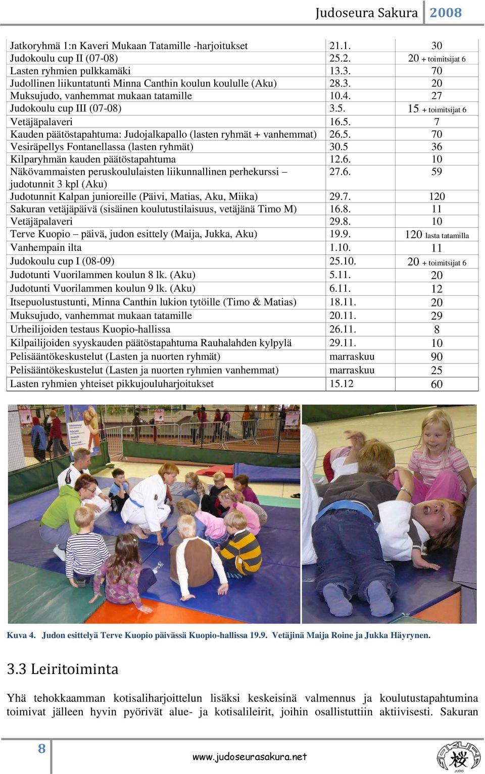 5 36 Kilparyhmän kauden päätöstapahtuma 12.6. 10 Näkövammaisten peruskoululaisten liikunnallinen perhekurssi 27.6. 59 judotunnit 3 kpl (Aku) Judotunnit Kalpan junioreille (Päivi, Matias, Aku, Miika) 29.