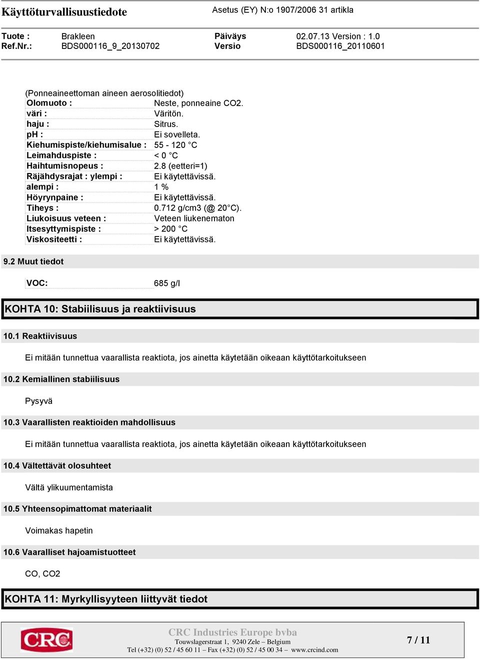 712 g/cm3 (@ 20 C). Liukoisuus veteen : Veteen liukenematon Itsesyttymispiste : > 200 C Viskositeetti : Ei käytettävissä. 9.2 Muut tiedot VOC: 685 g/l KOHTA 10: Stabiilisuus ja reaktiivisuus 10.