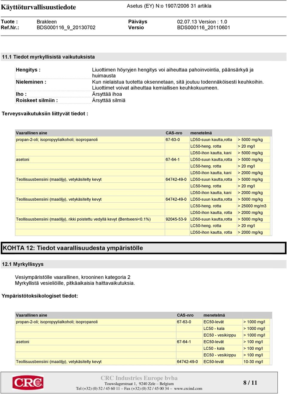 Ärsyttää ihoa Ärsyttää silmiä Terveysvaikutuksiin liittyvät tiedot : Vaarallinen aine CAS-nro menetelmä propan-2-oli; isopropyylialkoholi; isopropanoli 67-63-0 LD50-suun kautta,rotta > 5000 mg/kg