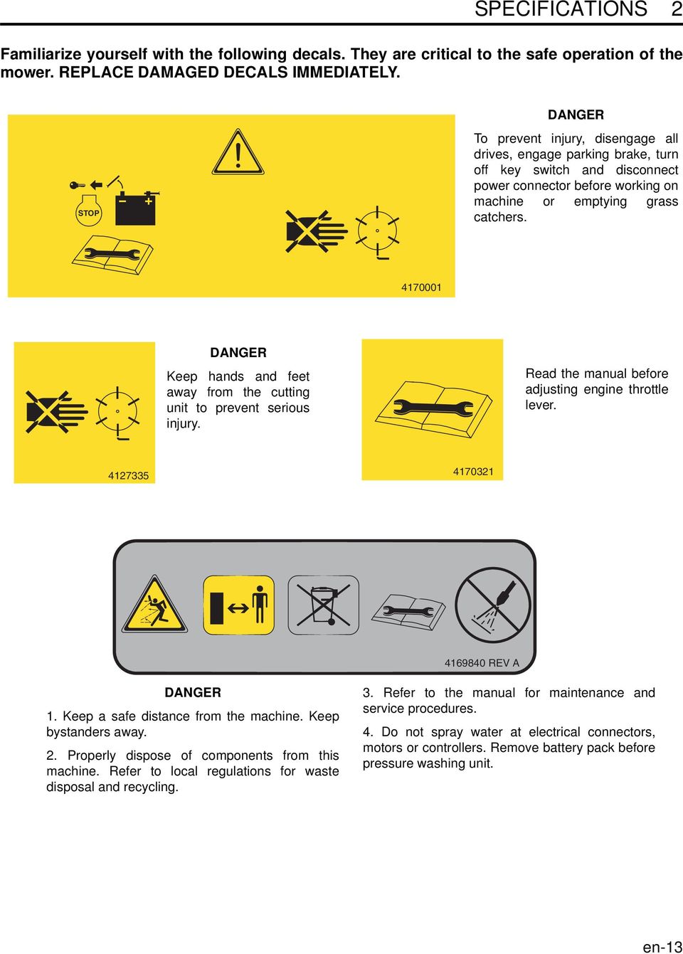 4170001 DANGER Keep hands and feet away from the cutting unit to prevent serious injury. Read the manual before adjusting engine throttle lever. 4127335 4170321 4169840 REV A DANGER 1.