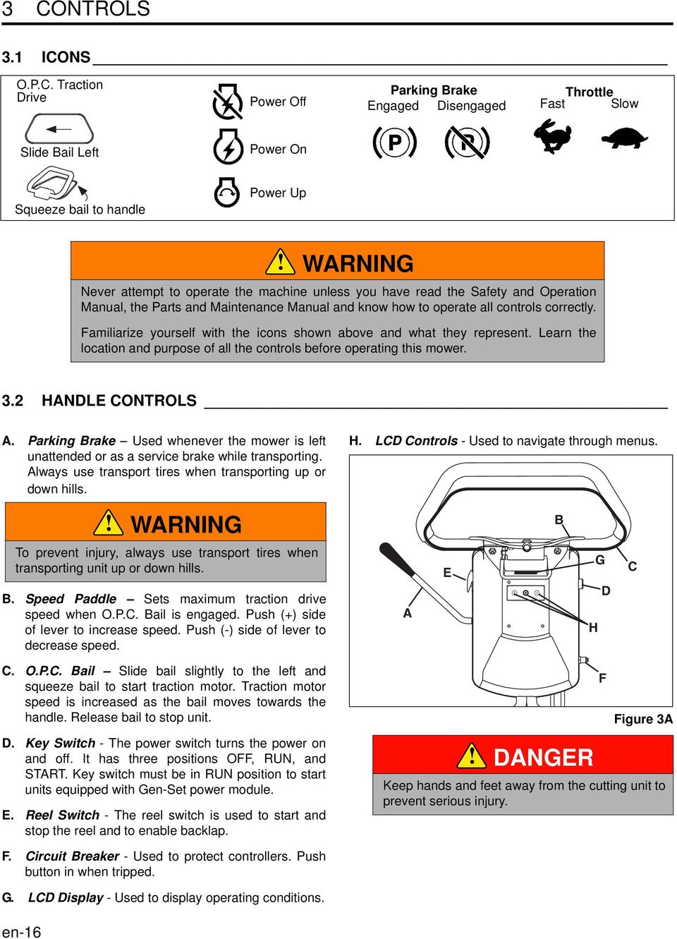 Familiarize yourself with the icons shown above and what they represent. Learn the location and purpose of all the controls before operating this mower. 3.2 HANDLE CONTROLS A.