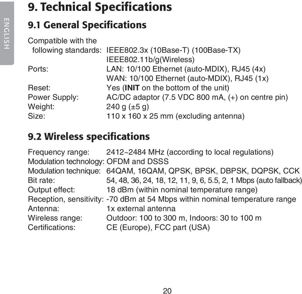 5 VDC 800 ma, (+) on centre pin) Weight: 240 g (±5 g) Size: 110 x 160 x 25 mm (excluding antenna) 9.