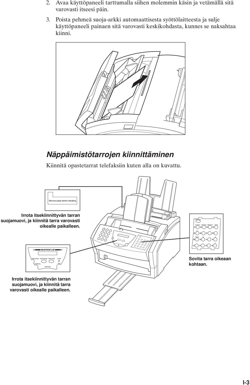 Näppäimistötarrojen kiinnittäminen Kiinnitä opastetarrat telefaksiin kuten alla on kuvattu.