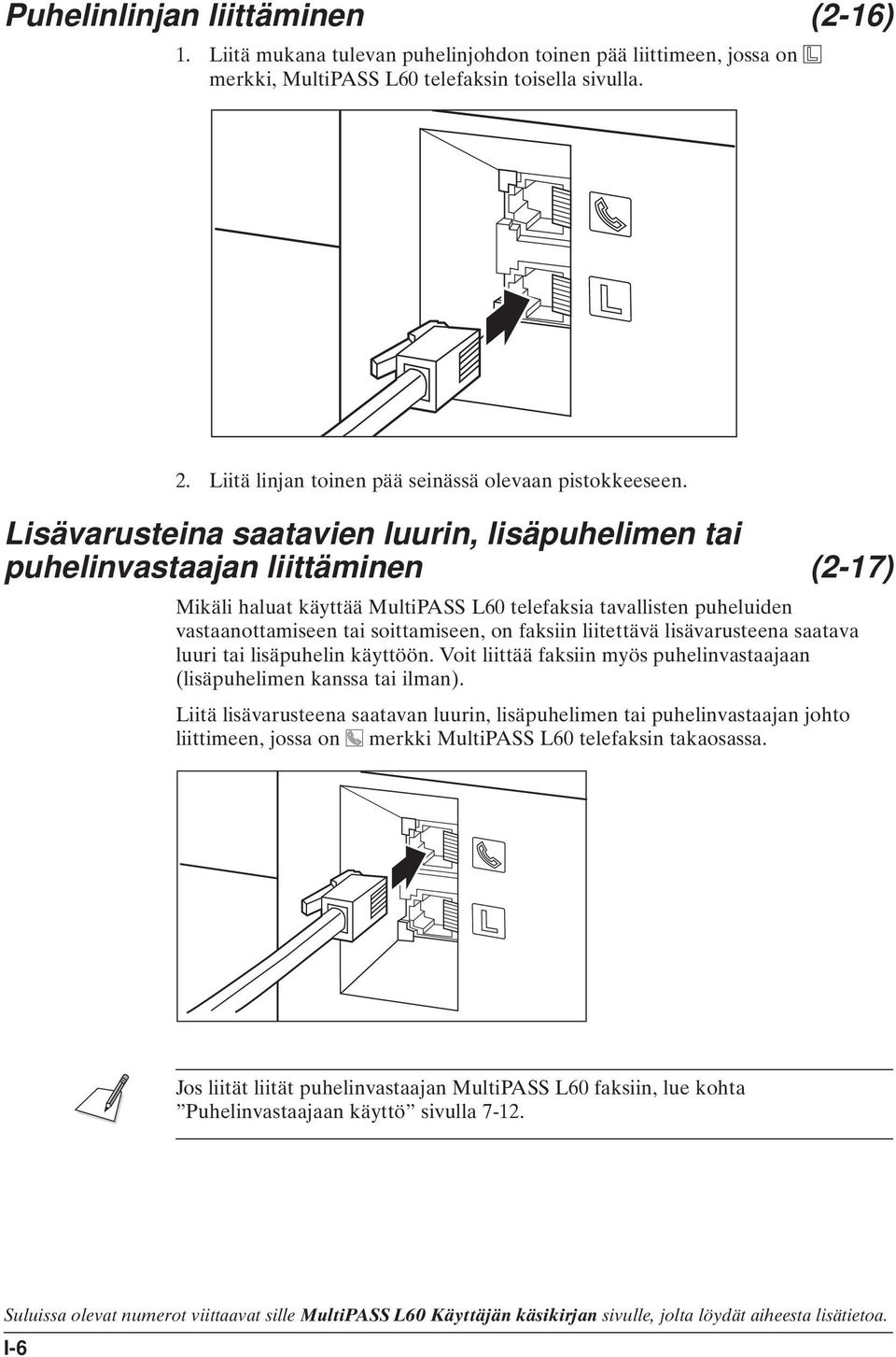 Lisävarusteina saatavien luurin, lisäpuhelimen tai puhelinvastaajan liittäminen (2-17) Mikäli haluat käyttää MultiPASS L60 telefaksia tavallisten puheluiden vastaanottamiseen tai soittamiseen, on