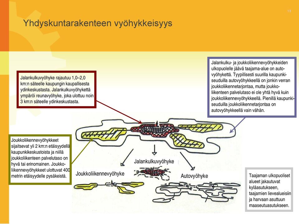 Tyypillisesti suurilla kaupunkiseuduilla autovyöhykkeellä on jonkin verran joukkoliikennetarjontaa, mutta joukkoliikenteen palvelutaso ei ole yhtä hyvä kuin joukkoliikennevyöhykkeellä.