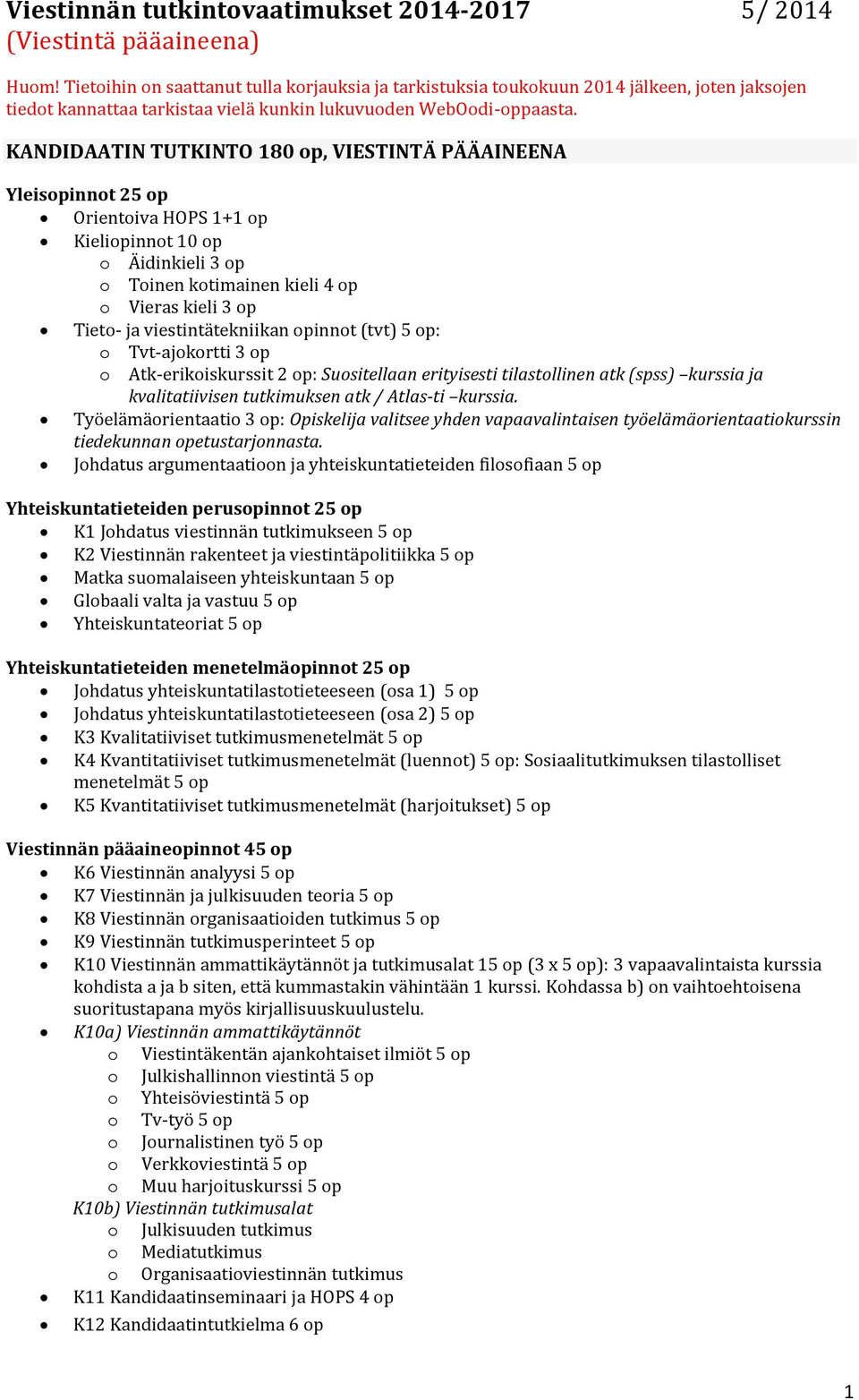 KANDIDAATIN TUTKINTO 180 op, VIESTINTÄ PÄÄAINEENA Yleisopinnot 25 op Orientoiva HOPS 1+1 op Kieliopinnot 10 op o Äidinkieli 3 op o Toinen kotimainen kieli 4 op o Vieras kieli 3 op Tieto- ja