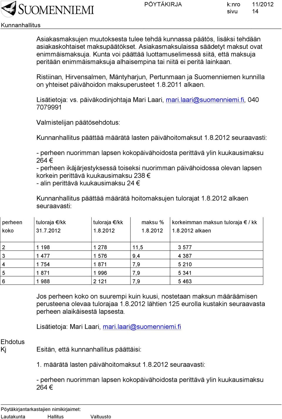 Ristiinan, Hirvensalmen, Mäntyharjun, Pertunmaan ja Suomenniemen kunnilla on yhteiset päivähoidon maksuperusteet 1.8.2011 alkaen. Lisätietoja: vs. päiväkodinjohtaja Mari Laari, mari.laari@suomenniemi.