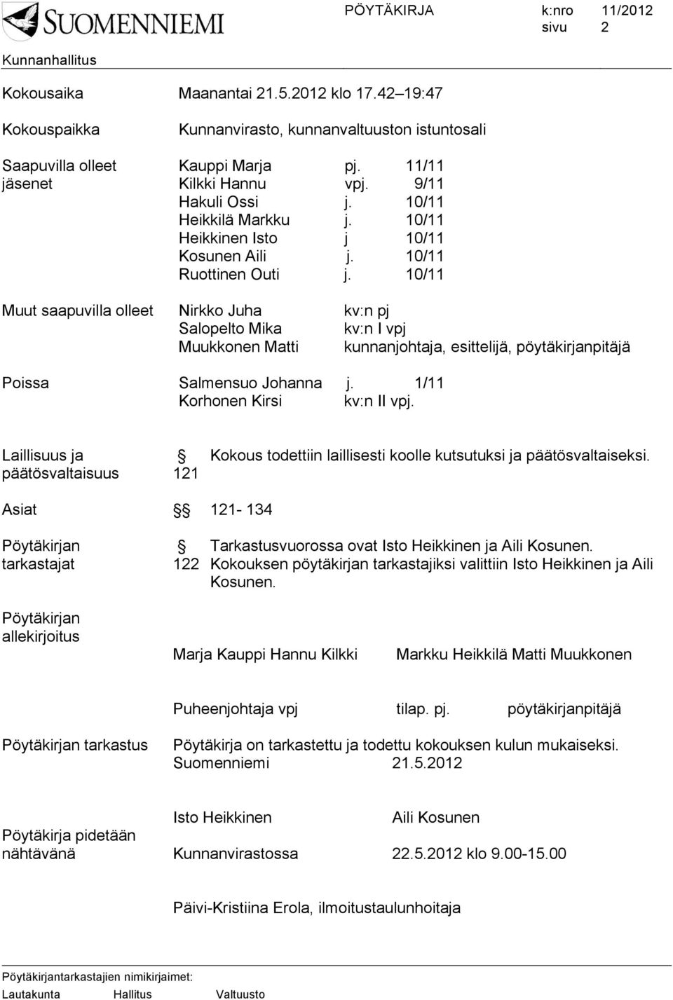 10/11 Muut saapuvilla olleet Nirkko Juha kv:n pj Salopelto Mika kv:n I vpj Muukkonen Matti kunnanjohtaja, esittelijä, pöytäkirjanpitäjä Poissa Salmensuo Johanna j. 1/11 Korhonen Kirsi kv:n II vpj.