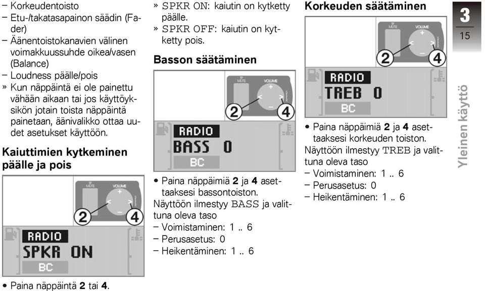 SPKR OFF: kaiutin on kytketty pois. Basson säätäminen Paina näppäimiä 2 ja 4 asettaaksesi bassontoiston. Näyttöön ilmestyy BASS ja valittuna oleva taso Voimistaminen: 1.