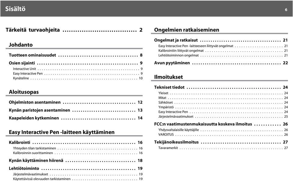 ..16 Ongelmien ratkaiseminen Ongelmat ja ratkaisut... 21 Easy Interactive Pen -laitteeseen liittyvät ongelmat...21 Kalibrointiin liittyvät ongelmat...21 Lehtiötoiminnon ongelmat... 21 Avun pyytäminen.