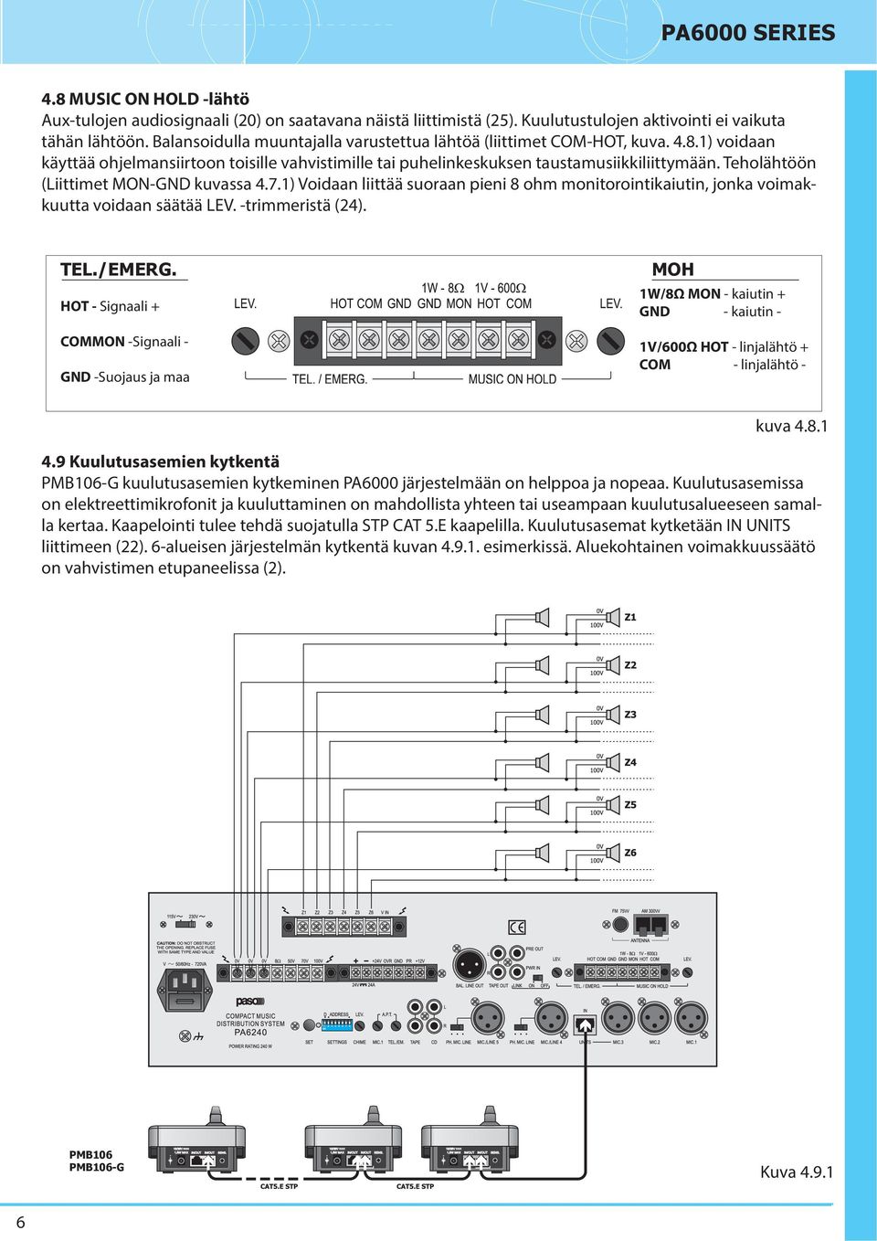 Teholähtöön (Liittimet M-GND kuvassa 4.7.1) Voidaan liittää suoraan pieni 8 ohm monitorointikaiutin, jonka voimakkuutta voidaan säätää LEV. -trimmeristä (24). TEL./EMERG.