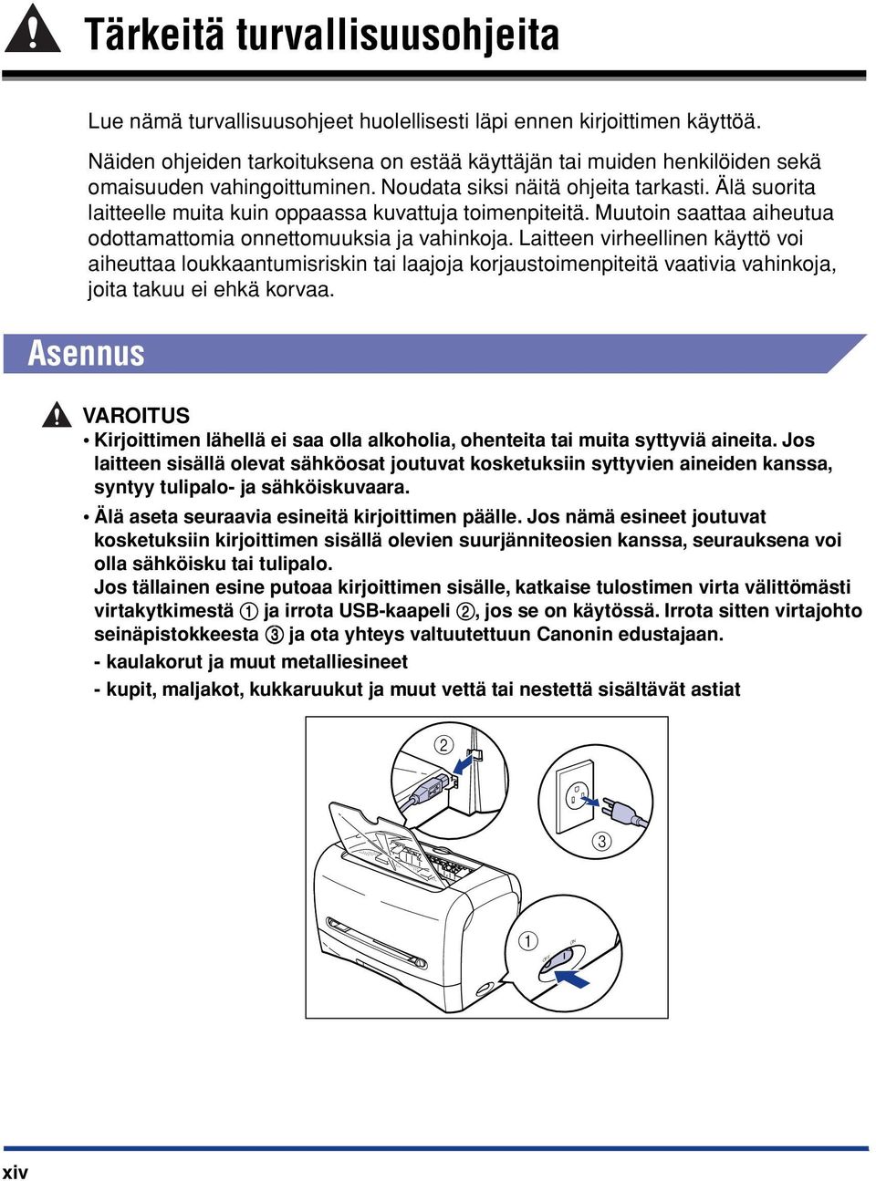 Älä suorita laitteelle muita kuin oppaassa kuvattuja toimenpiteitä. Muutoin saattaa aiheutua odottamattomia onnettomuuksia ja vahinkoja.