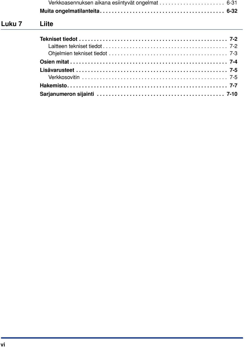 .................................................... 7-4 Lisävarusteet................................................... 7-5 Verkkosovitin................................................. 7-5 Hakemisto.