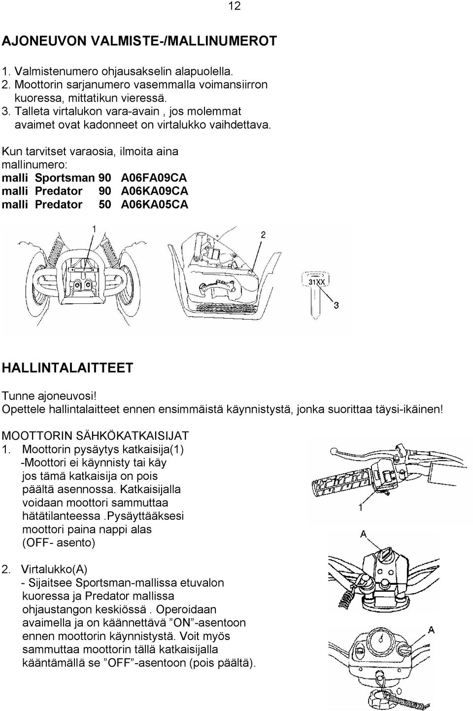 Kun tarvitset varaosia, ilmoita aina mallinumero: malli Sportsman 90 A06FA09CA malli Predator 90 A06KA09CA malli Predator 50 A06KA05CA HALLINTALAITTEET Tunne ajoneuvosi!