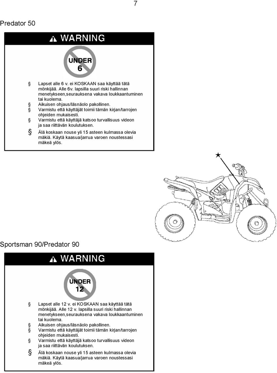 Älä koskaan nouse yli 15 asteen kulmassa olevia mäkiä. Käytä kaasua/jarrua varoen noustessasi mäkeä ylös. Sportsman 90/Predator 90 Lapset alle 12 v. ei KOSKAAN saa käyttää tätä mönkijää. Alle 12 v.