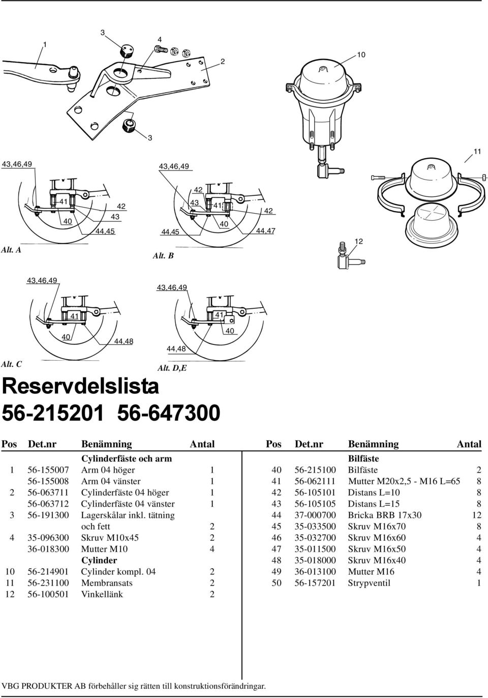 nr Benämning Antal Cylinderfäste och arm 56-55007 Arm 04 höger 56-55008 Arm 04 vänster 2 56-0637 Cylinderfäste 04 höger 56-06372 Cylinderfäste 04 vänster 3 56-9300 Lagerskålar inkl.