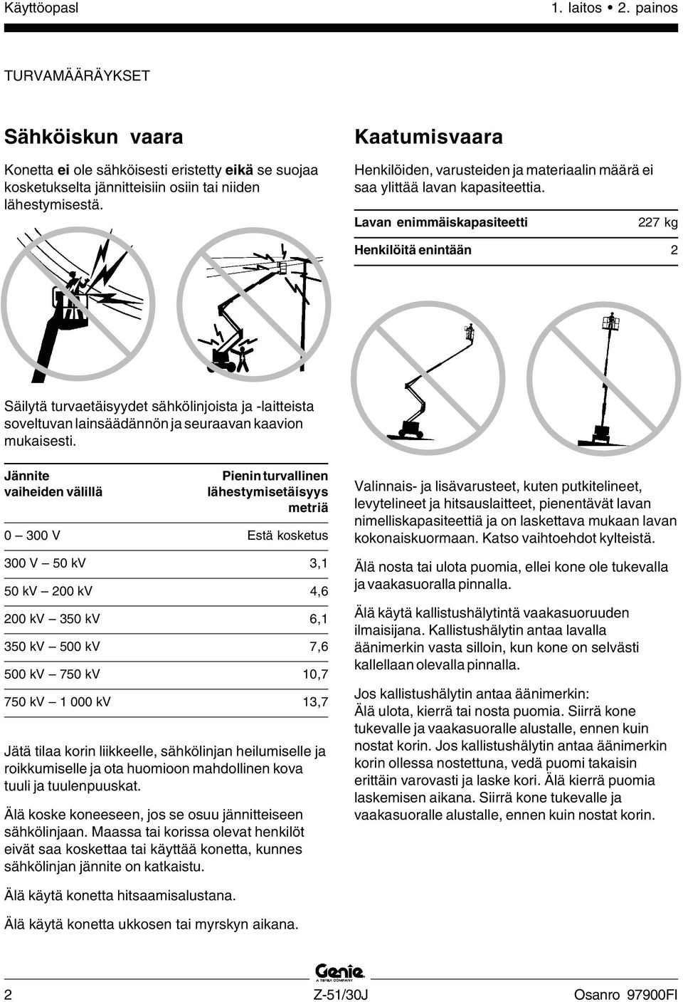 Lavan enimmäiskapasiteetti 227 kg Henkilöitä enintään 2 Säilytä turvaetäisyydet sähkölinjoista ja -laitteista soveltuvan lainsäädännön ja seuraavan kaavion mukaisesti.