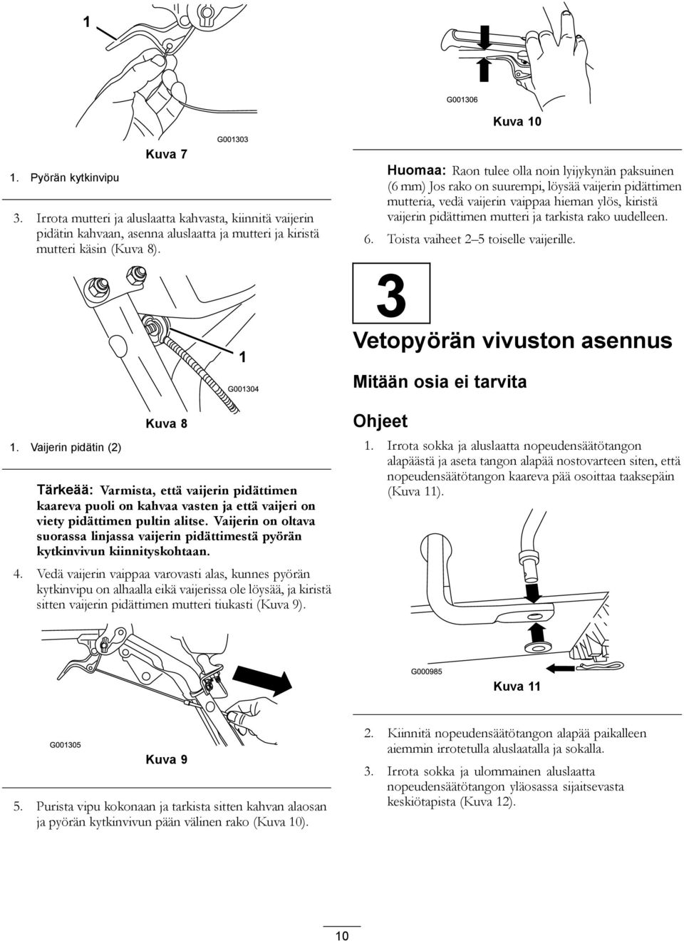 rako uudelleen. 6. Toista vaiheet 2 5 toiselle vaijerille. 3 Vetopyörän vivuston asennus Mitään osia ei tarvita 1.