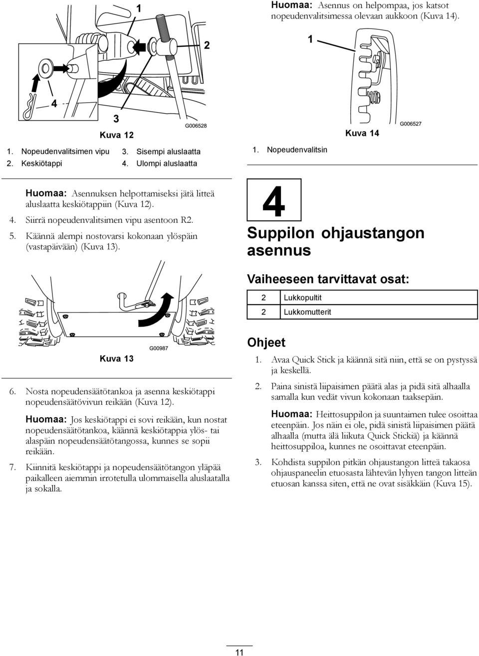 Käännä alempi nostovarsi kokonaan ylöspäin (vastapäivään) (Kuva 13). 1. Nopeudenvalitsin 4 Suppilon ohjaustangon asennus Vaiheeseen tarvittavat osat: 2 Lukkopultit 2 Lukkomutterit Kuva 13 6.