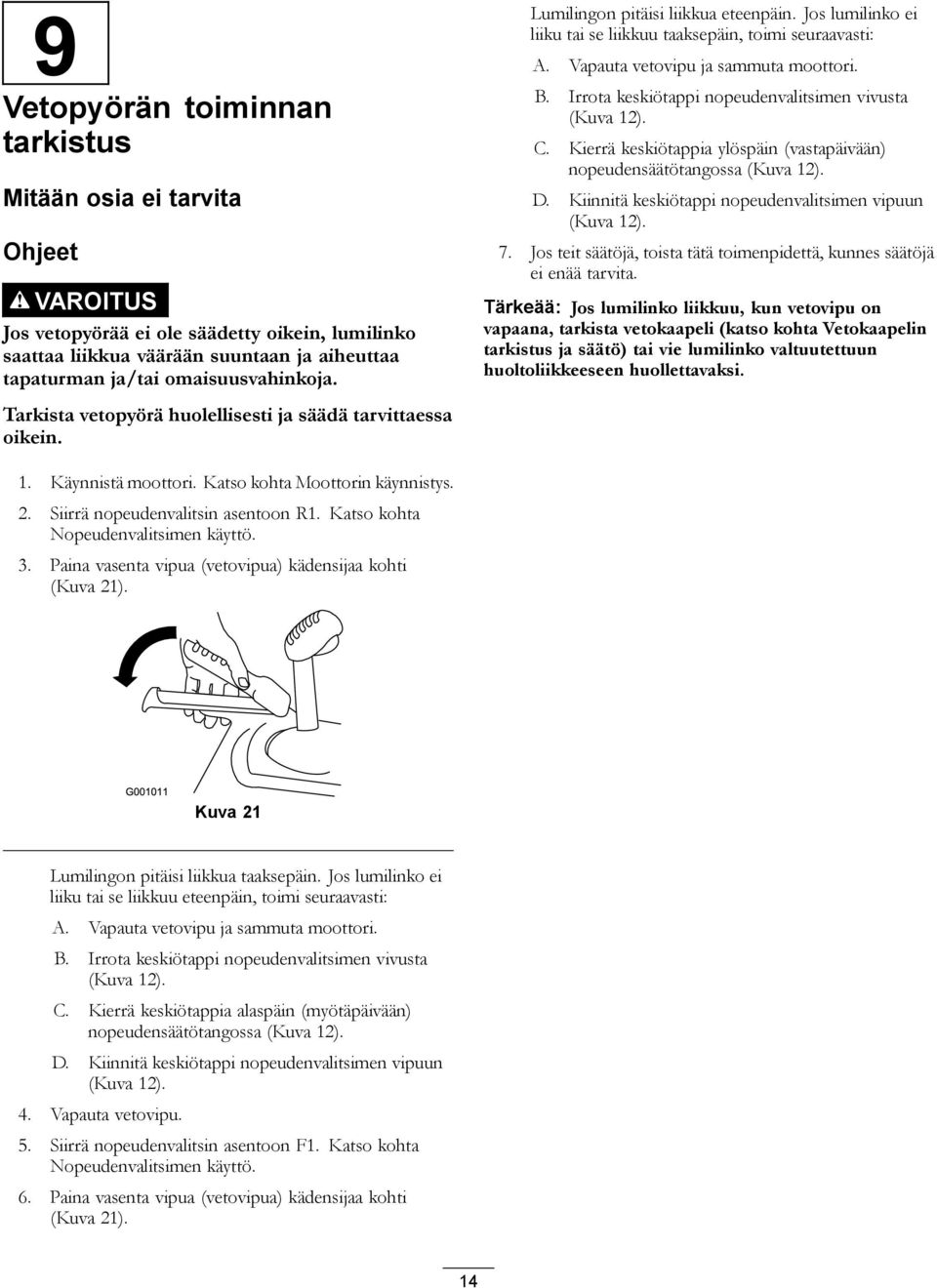 Vapauta vetovipu ja sammuta moottori. B. Irrota keskiötappi nopeudenvalitsimen vivusta (Kuva 12). C. Kierrä keskiötappia ylöspäin (vastapäivään) nopeudensäätötangossa (Kuva 12). D.