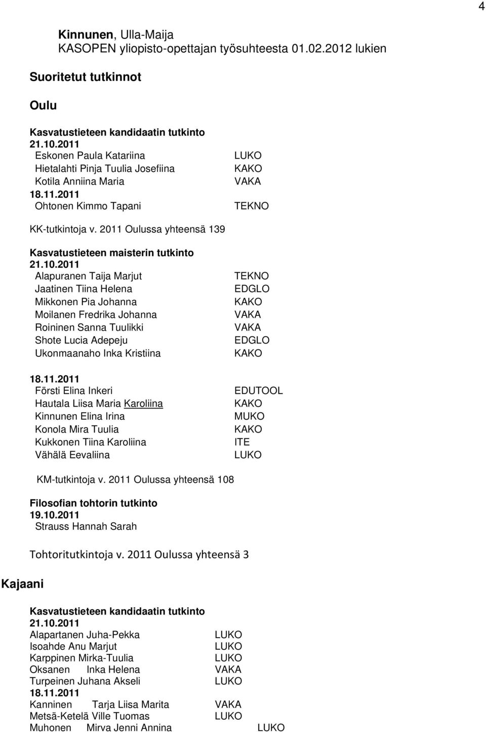 2011 Oulussa yhteensä 139 Kasvatustieteen maisterin tutkinto 21.10.