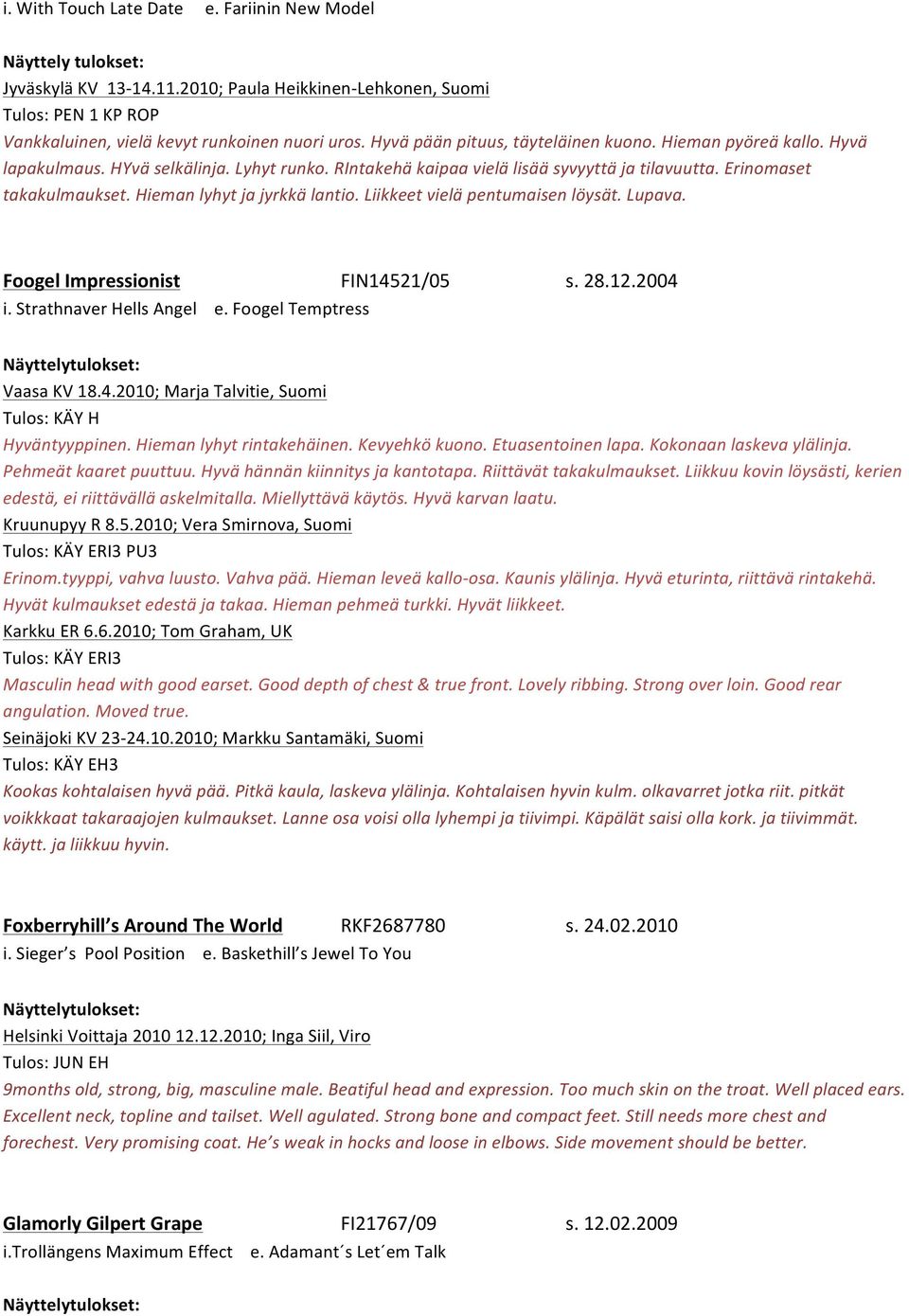 Hieman lyhyt ja jyrkkä lantio. Liikkeet vielä pentumaisen löysät. Lupava. Foogel Impressionist FIN14521/05 s. 28.12.2004 i. Strathnaver Hells Angel e. Foogel Temptress Vaasa KV 18.4.2010; Marja Talvitie, Suomi Tulos: KÄY H Hyväntyyppinen.