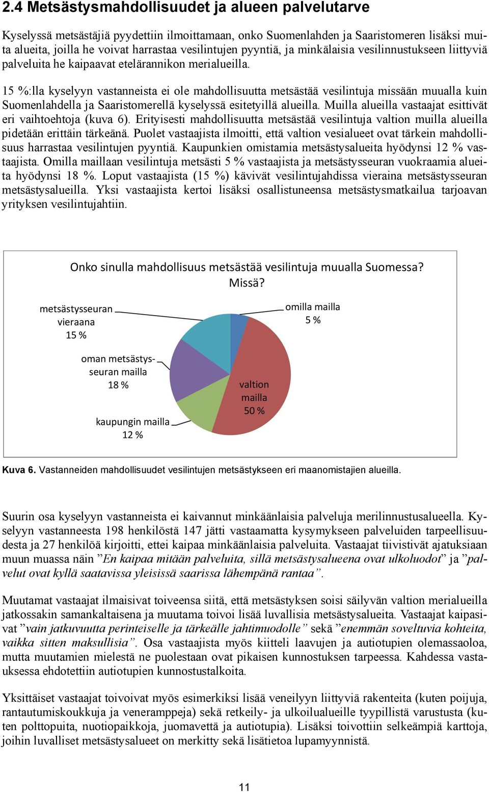15 %:lla kyselyyn vastanneista ei ole mahdollisuutta metsästää vesilintuja missään muualla kuin Suomenlahdella ja Saaristomerellä kyselyssä esitetyillä alueilla.