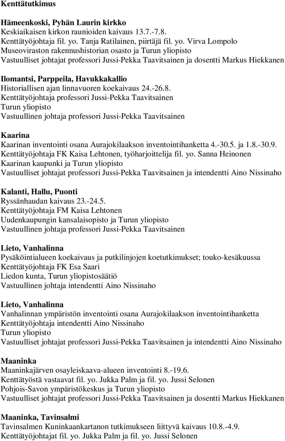 Virva Lompolo Museoviraston rakennushistorian osasto ja Turun yliopisto Vastuulliset johtajat professori Jussi-Pekka Taavitsainen ja dosentti Markus Hiekkanen Ilomantsi, Parppeila, Havukkakallio