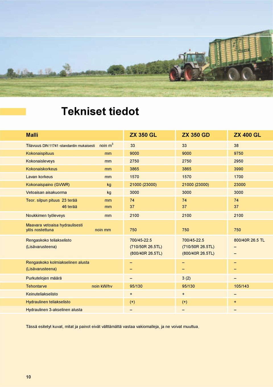 silpun pituus 23 terää mm 74 74 74 46 terää mm 37 37 37 Noukkimen työleveys mm 2100 2100 2100 Maavara vetoaisa hydraulisesti ylös nostettuna noin mm 750 750 750 Rengaskoko teliakselisto 700/45-22.