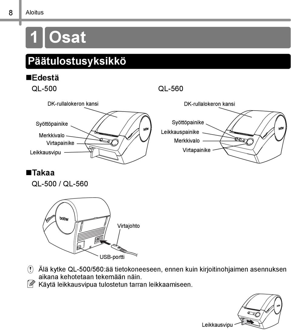 Takaa QL-500 / QL-560 Virtajohto USB-portti Älä kytke QL-500/560:ää tietokoneeseen, ennen kuin